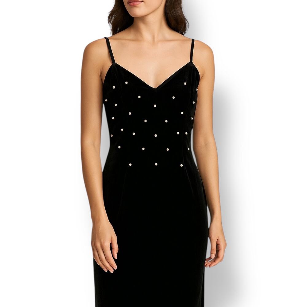 Vintage Black Velvet Pearl Beaded Maxi Slip Dress 90s Formal Evening Size 10